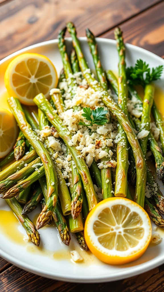 A plate of roasted asparagus with lemon and Parmesan, garnished with parsley, served on a wooden table.